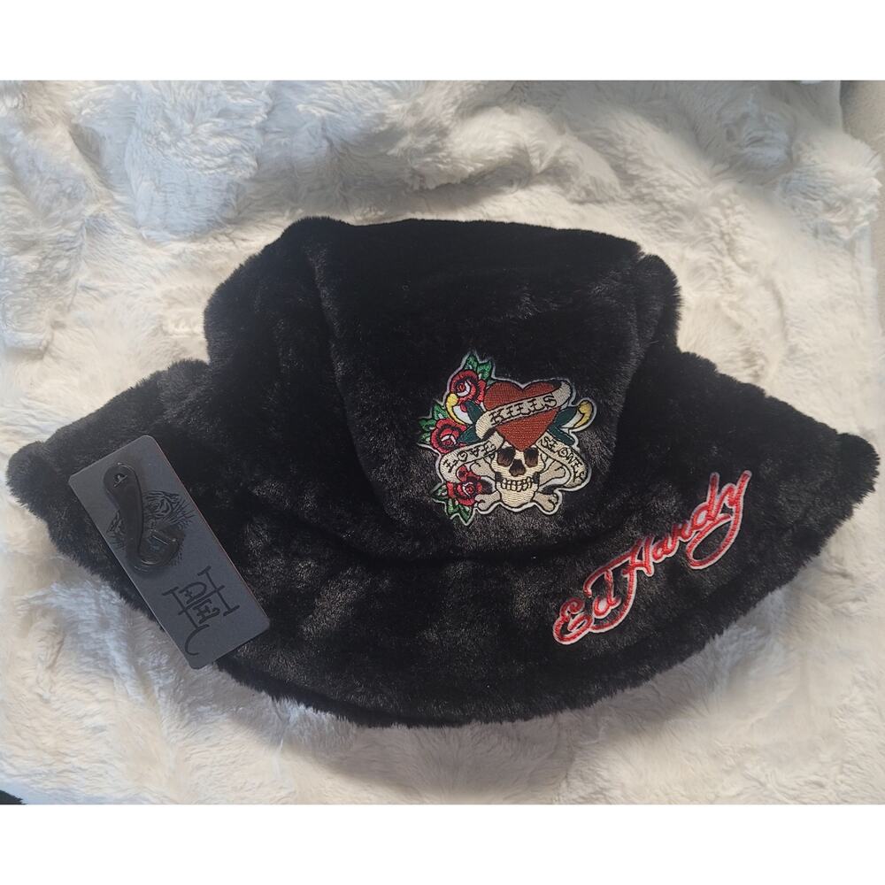 Ed Hardy faux fur embroidered bucket hat, New with tags